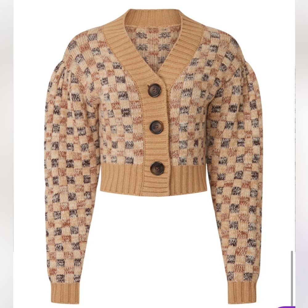 NWT Rebecca Taylor Cropped Checkerboard Jacquard Cardigan size Large